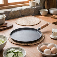 Frying Pan and Pancake Pan with Wooden Handle, Heavy Duty Cast Iron Griddle Pan for Crepes, Flat Bottom Egg Pan Induction Set with Glass Lid