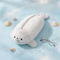 Stuffed Seal Pen Case Cartoon-Like Faux Hair Pen Case Zipper Stationery Item Protective for School, Desk