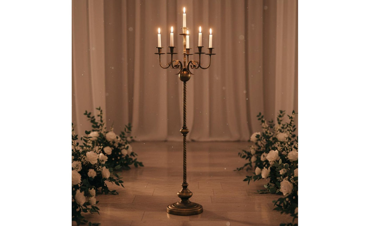 Bronze Finish Candle Stand Wrought Classic Wrought Style Candelabra Freestanding 5 Arm Floor Candelabra for Living Room, Hotel Lobby, Entryway