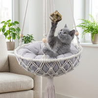 Handmade Cat Hammock with Bed Cushion, Stainless Steel Bohemian Cat Bed, Single Hook Macrame Hanging Chair for Indoor Cats at Window Perch