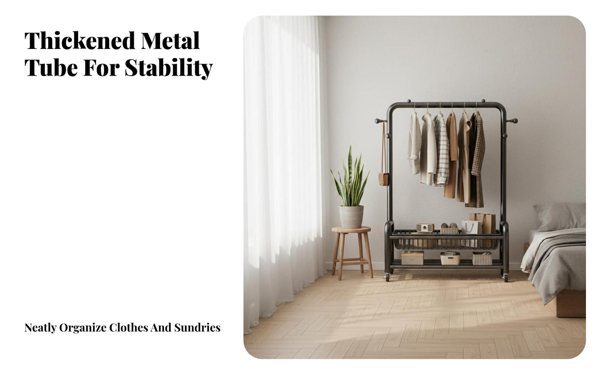 On Wheels Rolling Clothes Rack Heavy Duty Standal Single Standing Garment Rack Large Capacity Mobile Coat Stand Multifunctional for Apartment Dwellers, Homeowners, Bedroom, Laundry Room, Entryway, Retail Shop