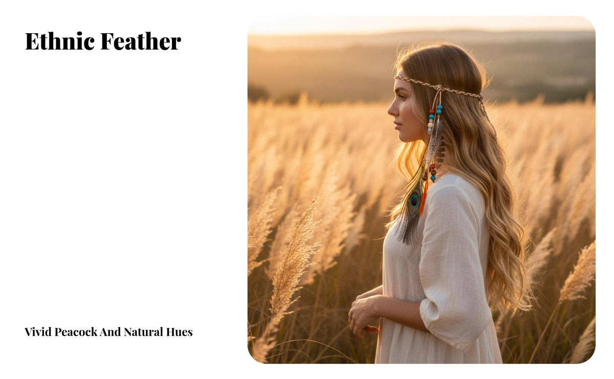 Feather Headband Ethnic Influenced Bohemian Headdress Colorful Beads Peacock Feather Hairband for Women, Festival Goers, Halloween, Getaways