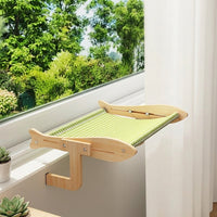 Hanging Cat Bed and Window Cat Bed, Foldable Woven Mat Balcony Cat Bed Hammock, Space Saving Wood Frame Perch for Indoor Cats and Balcony Patio