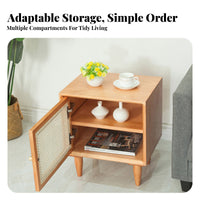 Nordic aesthetic Single-Drawer Woven Table minimalist contemporary Design Nightstand Rattan Weave Accent Bedside Cabinet Natural Wood Finish for Boho Decor lovers, Apartment Dwellers, Homeowners, Small Spaces, Dorm Room, Hallway, Office
