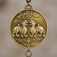 Wind Chime "Pi Xiu" in Chinese Style, Metal, Zinc Alloy, Copper, Wood, Fabric, Gold/Brown