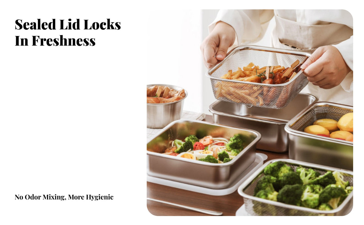 Stainless Steel Food Container with Drainer Efficient Drainage Refrigerator Storage Container with Strainer Sealed Lid Stainless Steel Crisper