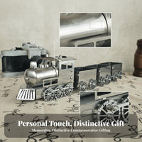 Industrial Style Stainless Steel Train Ornament Polished Silver Steam Engine Sculpture Spoked Wheels Metal Train Ornament Display Piece