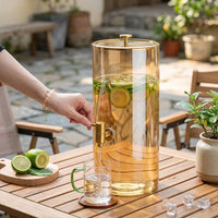 Glass Water Dispenser with Metal Tap and Lid, Cylindrical Juice Dispenser for Iced Fruit Tea, European Style Large Capacity Glass Water Dispenser