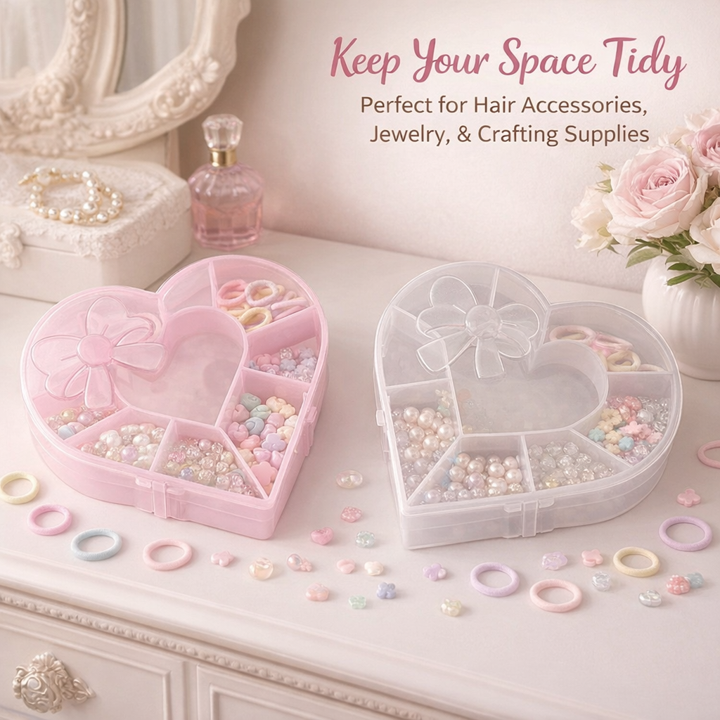Heart Shaped Pink PP Organizer with Dividers, Small Item Organizer Storage Containers for Beads, Clear Compartment Box for Embroidery Thread Storage