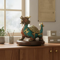 Good Luck Charm Copper Dragon Turtle Figurine Housewarming Gift Feng Shui Dragon Tortoise Hand-Cast Chinese Wealth Turtle Sculpture Lost-Modeling Casting for Business Owners, Collectors, Office, Desk, Study Room