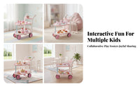 Pink and White Wooden Toy Cart Curved Handle Wooden Rolling Cart Open Shelves Children's Furniture Rounded Edges