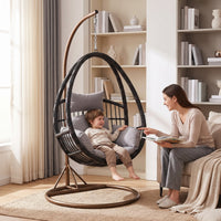 Hanging Basket Chair with Stand Freestanding Rattan Swing Chair with Stand Cushioned Furniture for Balcony, Living Room, Reading Corner
