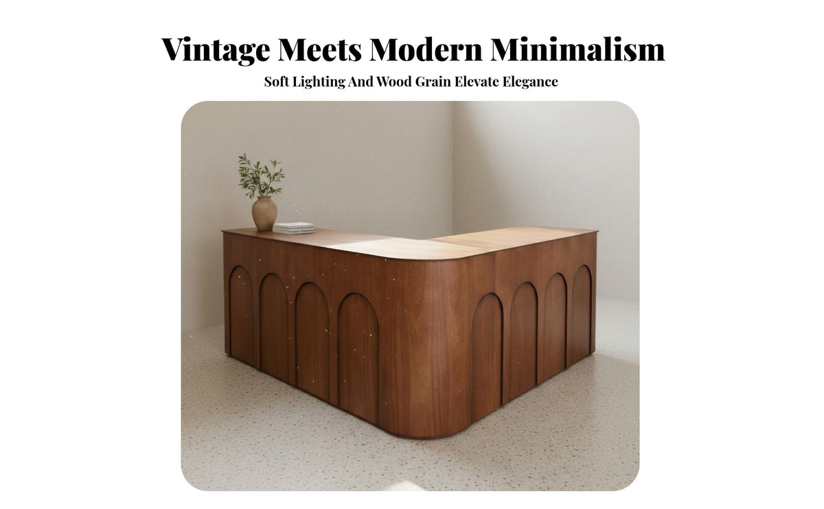 Multi-Purpose Vintage Design Checkout Counter Versatile Design L-Shaped Reception Desk Spacious Countertop L Shaped Reception Desk Sturdy for Business Owners, Salon Managers, Boutique, Lobby, Medical Office, Restaurant