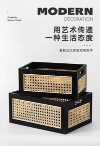 藤编桌面收纳盒收纳筐储物洗漱台置物架整理箱办公室书架文件盒 黑色组合【小号+大号】