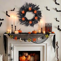 Halloween Black Maple Leaf Wreath with Pumpkin Vine for Door and Window Decoration
