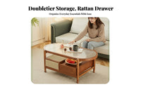 two-level Oval Glass and Rattan Stand Nordic Design Coffee Table Space-Saving Rounded Edges for Living Room, Lounge Area, Office