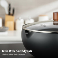 Uncoated Iron Wok Coating Coatingless Wok with Pouring Spout Uncoated Iron Pan Natural Non-Stick Deep Stir-Fry Pan Even Heating