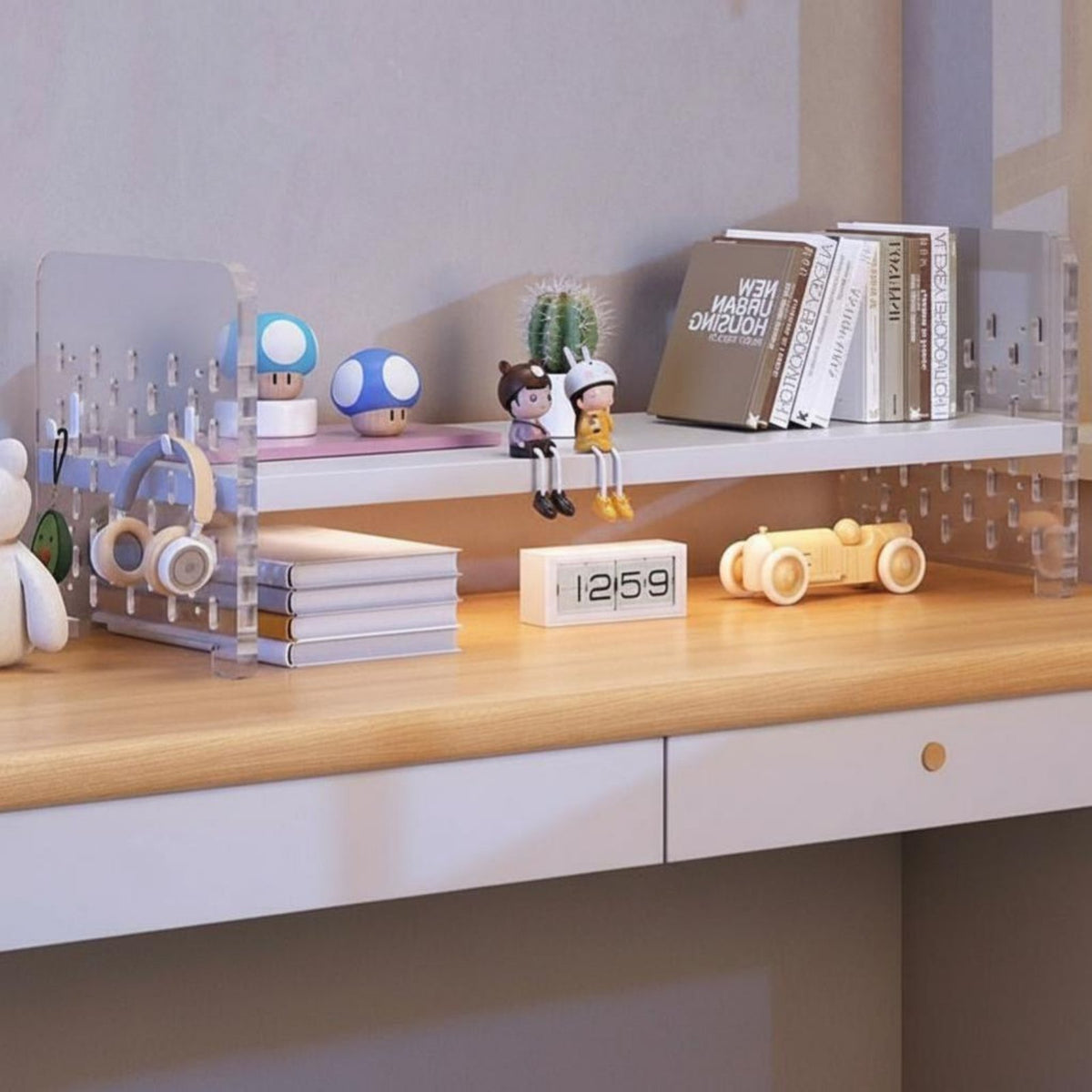 Space Saving Multi-Tier Pegboard Shelf Transparent Design Desk Hutch with Pegboard Versatile Hanging Options Desktop Organizer Sturdy Construction for Students, Telecommuting Workers, Gamers, Dormitory, Dorm Room, Gaming Setup