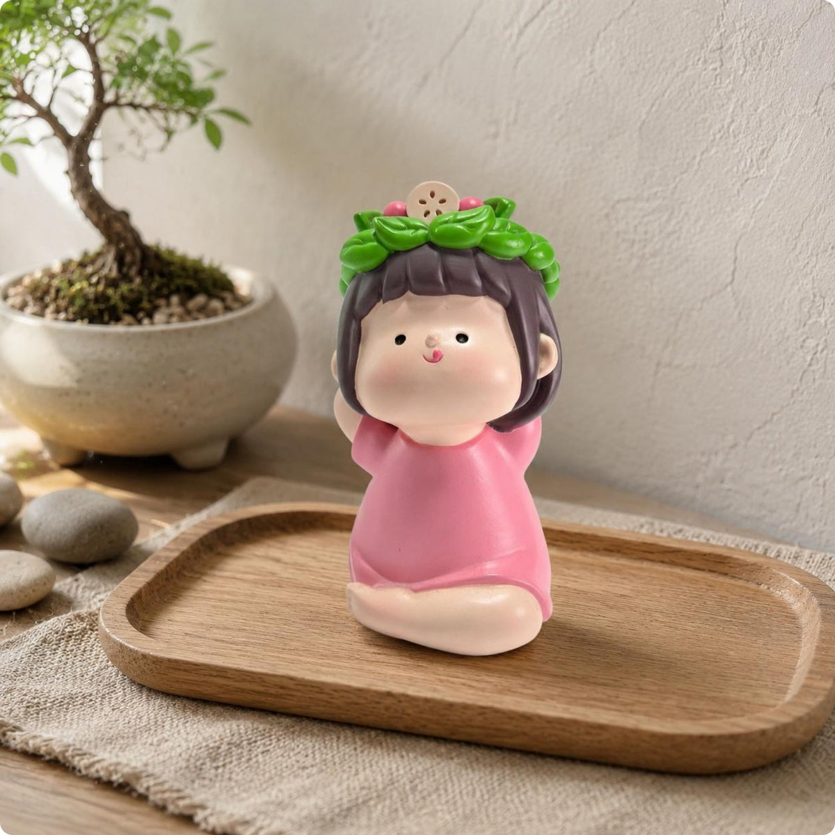 resin Stretching Figurine Stretching Pose Seated Figurine Green Leafy Headpiece Tranquil Resin Ornament