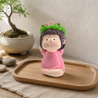 resin Stretching Figurine Stretching Pose Seated Figurine Green Leafy Headpiece Tranquil Resin Ornament