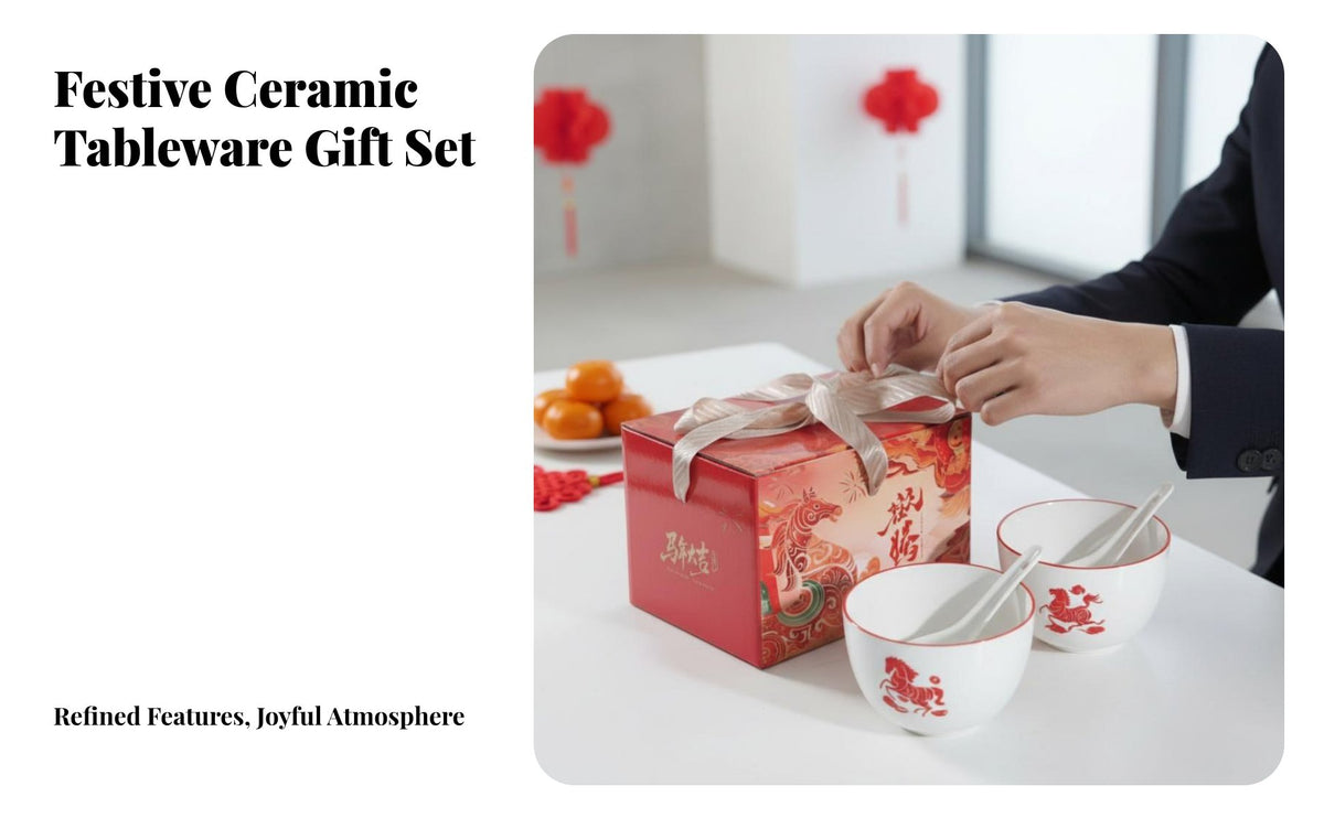 Auspicious Year of the Horse Ceramic Tableware Set, Bowl Spoon Chopsticks, Gift Box for Business, Holiday, Random Pattern
