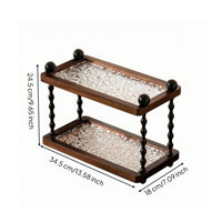 Dark Brown Two-Tier Storage Rack Textured Tabletop Tray Rack Twisted Posts Wooden Tray Organizer Clear for Desk, Vanity, Entryway