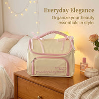 Waterproof Makeup Bag with Handle for Women Girls, Bow Cosmetic Organizer Large Capacity, PU Leather Skincare Storage for Daily Use Travel
