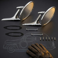Polished Silver Vintage Car Rearview Mirrors Long Tapered Arms Chrome Round Rearview Mirrors Mounting Gaskets Vintage Round Car Mirror