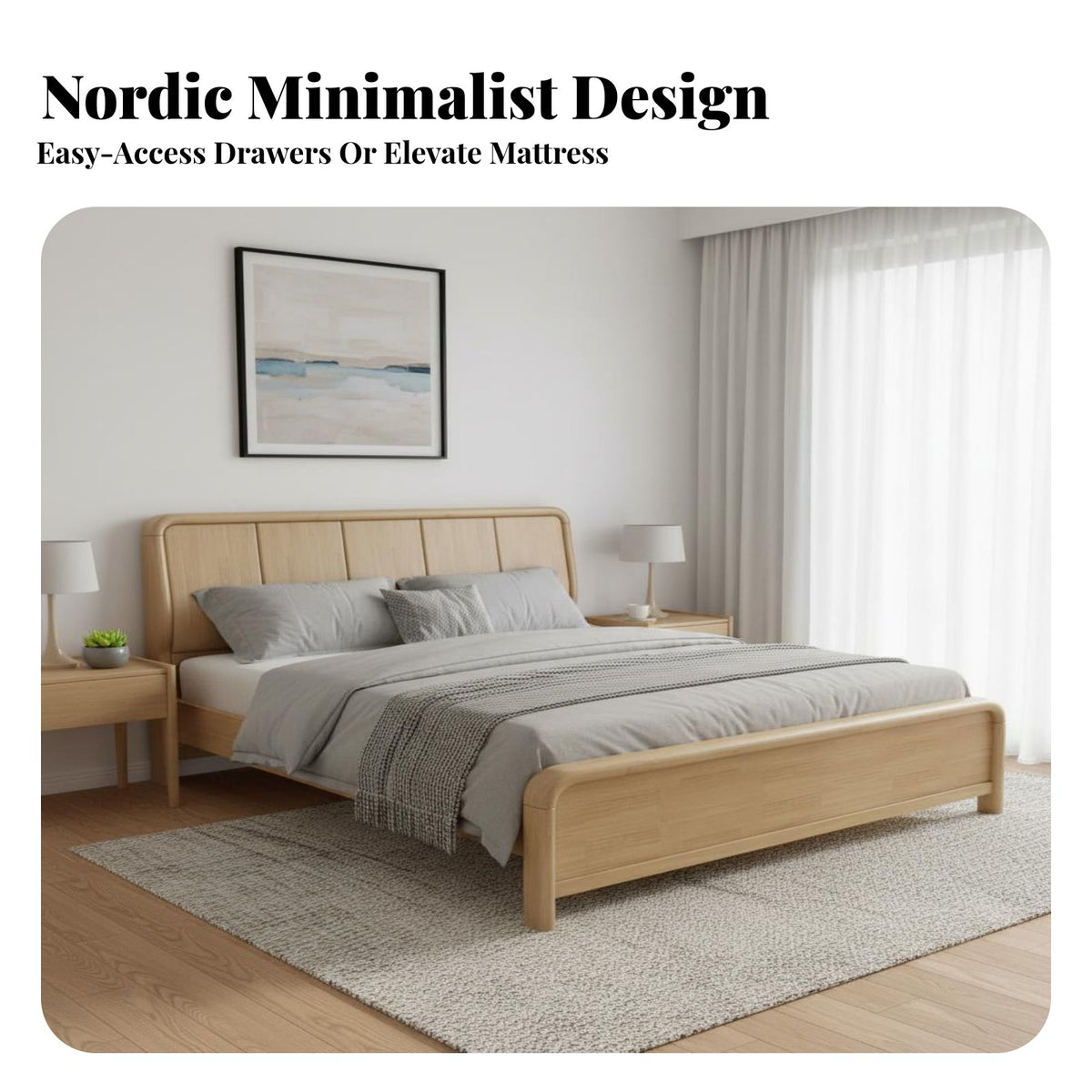 Nordic Design Bed Sturdy and Resilient Solid Wood Foundation Bed High Load Capacity Bedroom Furniture for Couples, Homeowners, Apartment, Guest Room