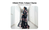 Floral Print Abaya Set Matching Headscarf Open Front Cardigan Robe Full Length Printed Middle Eastern Design Kaftan for Muslim Women, Adults, Eid