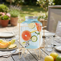 Beverage Dispenser with Ice Crackle Glass, Water Juice Dispenser with Metal Lid and Stand, Simple Style Drink Dispenser for Home Bar Parties