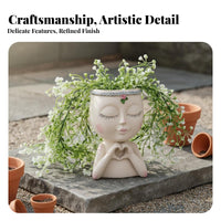 Girl Face Flower Pot Creative Design Girl Figurine Planter Decorative Ornament Heart-Shaped Hands Bust Pot for Home Decor, Desktop, Balcony