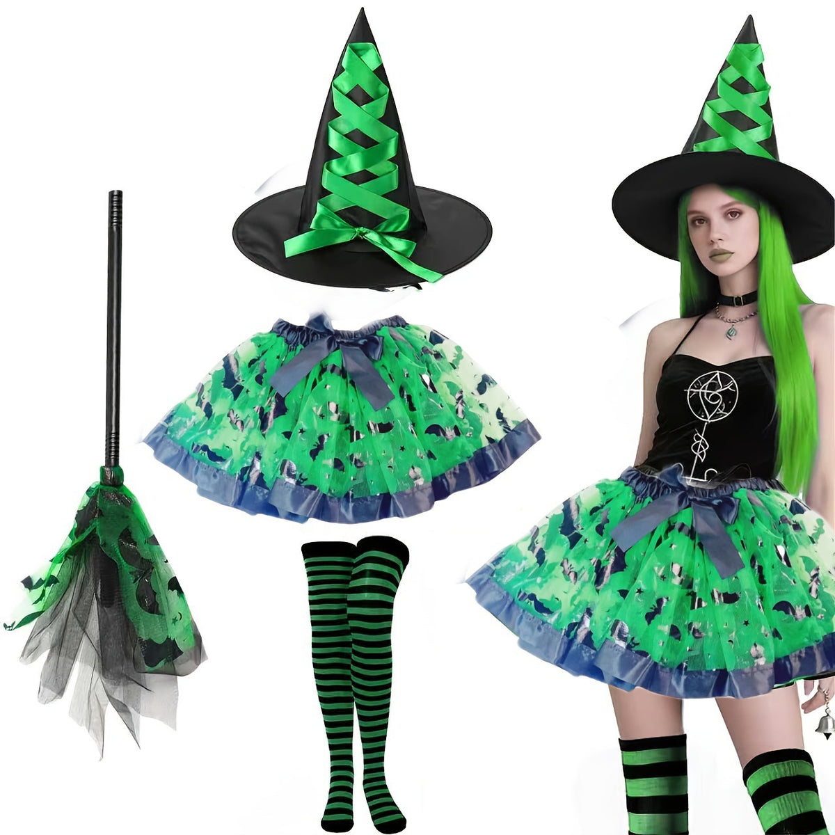 Halloween Adult Witch 4-Piece Costume Set with Hat, Tutu Skirt, Broom Prop