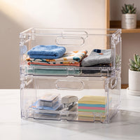 Foldable Storage Basket Stackable Foldable Storage Bin with Handle Transparent Clear Organizer for Cabinet, Closet, Pantry