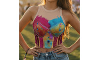 Halter Crop Top with Feathers Cropped Glitter Halter Top with See-Through Yoke Apparel Glittery Sparkling for Women