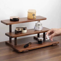 Vintage Style Three-Tier Wooden Rack Stepped Design Wood Display Rack Rounded Corners Walnut Wood Shelf Polished Finish for Tabletop