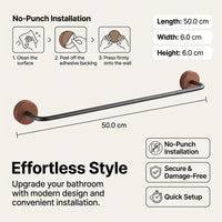 Wall Mounted Single Towel Bar for Powder Room and Vanity, Beech Wood Rail and Cupboard Bar, No-Drill Bar for Homeowners