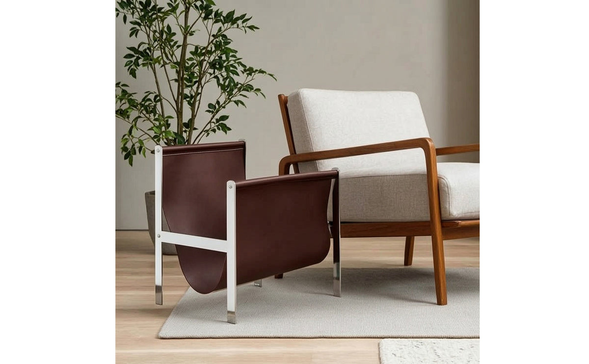 Magazine Rack with Leather Strap Lowperiodical Rack with Metal Frame Compact for Readers, Living Room, Bedroom, Reading Corner