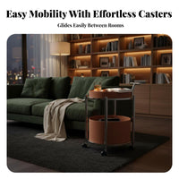 Minimalist Design 2-Tier Round Rolling Table With Push Handle 2-Tier Rolling Table Modern Design Mobile Storage Space-Saving for Apartment Dwellers, Homeowners, Hosts, Living Room, Small Areas, Bedroom, Kitchen