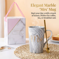 Coffee with Lid and Spoon for Adults, Marble Pattern Tall Mugs for Hot Drinks, for Daughters Breakfast Home Use, 400ml Gift Box Included