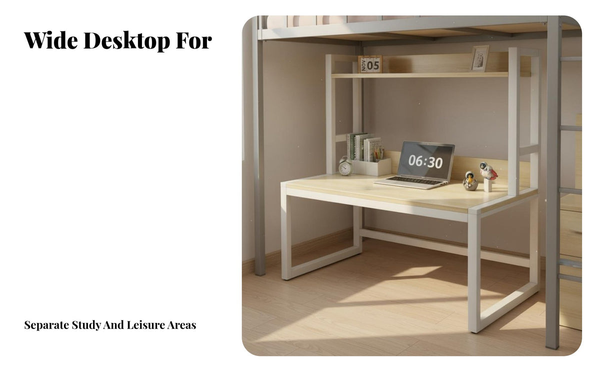 Sturdy Steel Frame Dorm Bed Computer Desk Space Saving Bed Desk with Shelves Multifunctional Overbed Table with Hutch Movable Shelf for College Students, Home Office Workers, Elderly, Small Areas, Living Room