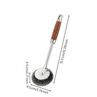 Replaceable Head Kitchen Pot Brush Wooden-Grain Handle Wire Scouring Brush Heavy Duty Stainless Steel Scrubber Grease Removal