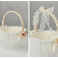 Cream Flower Girl Basket with Ribbon-Wrapped Handle Lightweight Satin Flower Basket with Tulle Skirt Romantic Pre-Decorated for Brides