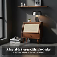 Modern Minimalist Design Bedside Storage Cabinet Rattan Design Wicker-Front Cabinet Versatile Use Nightstand Space Saving for Apartment Dwellers, Guesthouse Operators, Bedroom, Small Areas, Living Room, Next to Sofa