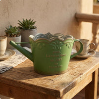 Scalloped Rim Watering Can Planter Side Handle Metal Flower Planter Long Spout Distressed Gold Watering Can Printed Lettering