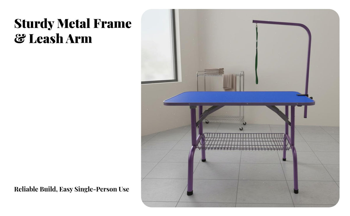Non-Slip Surface Pet Grooming Table Stainless Steel Legs Adjustable Grooming Table with Arm Heavy-Duty Construction Pet Trimming Stand Wobble-Stable Stability for Professional Groomers, Home Use