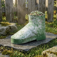 Weathered Shoe Planter Distressed Finish Boot Planter Mottled Green and Gray Vintage Flower Pot Iron