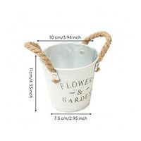 Hand-Painted Metal Bucket Planter Distressed Finish Bucket Flower Pot Printed Lettering Rope Handle Planter Tapered Shape