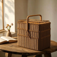Three-Tier Picnic Basket Handwoven Rectangular Wicker Hamper Wicker Picnic Basket Lidded Handmade for Caterers, Picnics