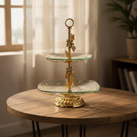 Double-Layer Fruit Stand with Glass Trays Gold-Tone 2-Tier Serving Stand European-Style Ornate for Hosts, Brides, Party, Wedding, Living Room